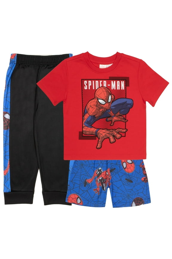 Spider-Man Peter Parker Boys 3-Piece Set - Spiderman Short Sleeve T-Shirt, Shorts, & Jogger Pants 3-Pack (Sizes 5-12)