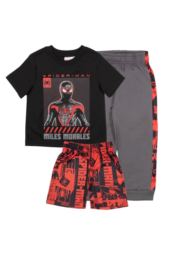 Spider-Man Peter Parker Miles Morales Boys 3-Piece Set - Short Sleeve T-Shirt, Shorts, & Jogger Pants 3-Pack Bundle (Sizes 2T-12)