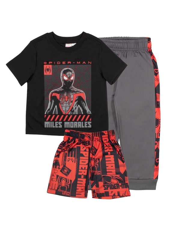Spider-Man Peter Parker Miles Morales Boys 3-Piece Set - Short Sleeve T-Shirt, Shorts, & Jogger Pants 3-Pack Bundle (Sizes 2T-12)