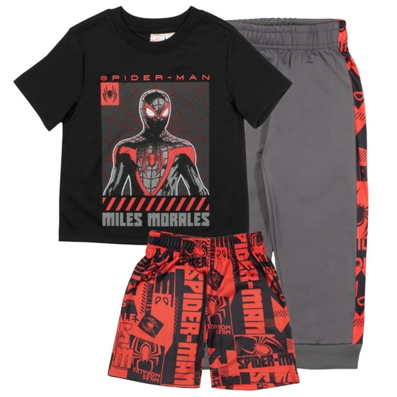 Marvel Spider-Man Peter Parker Miles Morales Boys 3-Piece Set - Short Sleeve T-Shirt, Shorts, & Jogger Pants 3-Pack Bundle (Sizes 2T-12)