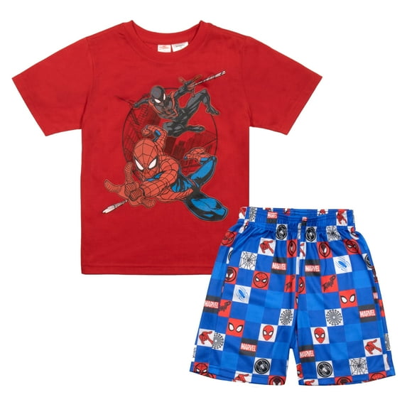 Marvel Spider-Man Peter Parker & Miles Morales Boys Short Sleeve T-Shirt and Shorts Set, 2-Piece Superhero Outfit Bundle for Kids (Size 4-7)
