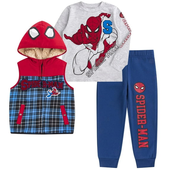 Marvel Spider-Man Sherpa Lined Hooded Vest, Crewneck Top and Pants Set (Boys), 3 Piece Set, Sizes 18M-4T