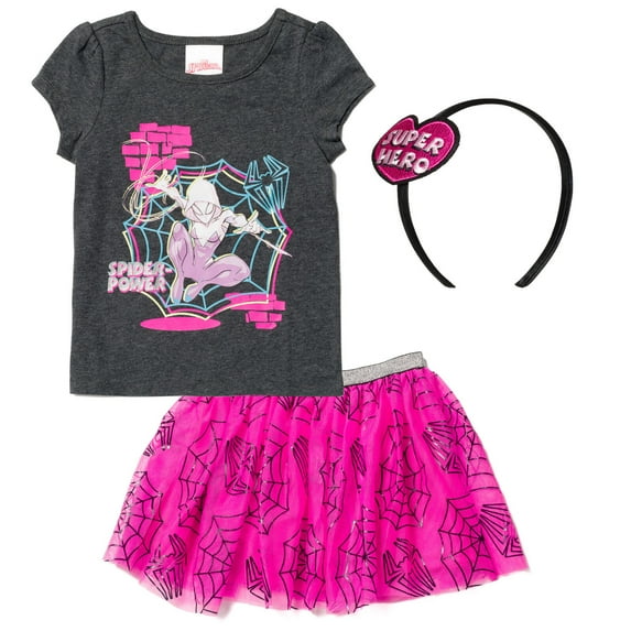 Marvel Spider-Man Spider-Gwen Ghost Spider Big Girls T-Shirt Tulle Skirt and Headband 3 Piece Outfit Set Toddler to Big Kid