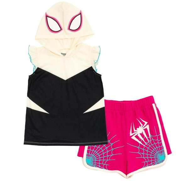 Marvel Spider-Man Spider-Gwen Ghost Spider Hooded Cosplay Tank Top and Dolphin French Terry Shorts Outfit Set Toddler to Big Kid