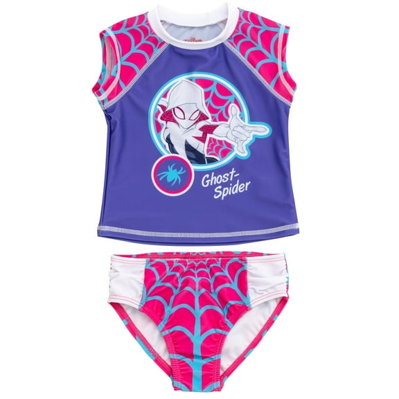 Marvel Spider-Man Spider-Gwen Ghost Spider UPF 50+ Rash Guard Bikini Bottom Swimsuit Set Toddler to Little Kid