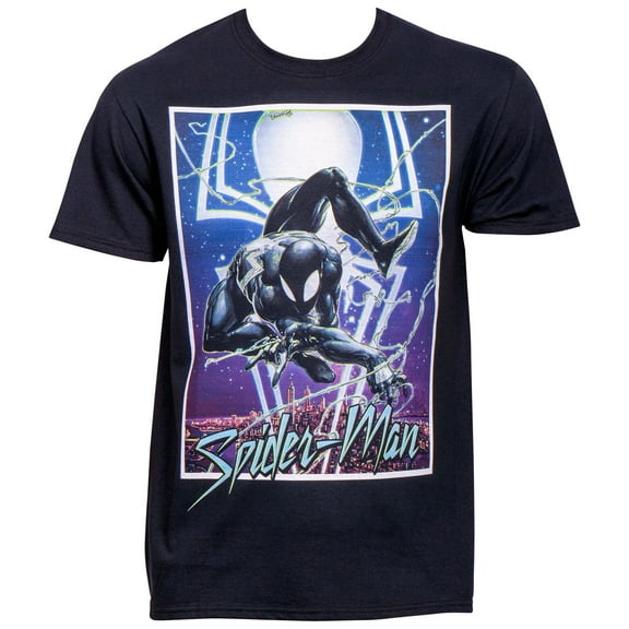 Marvel Spider-Man Symbiote Suit Swinging over the City T-Shirt-Small