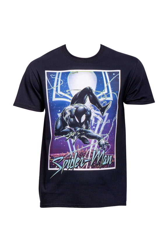 Marvel Spider-Man Symbiote Suit Swinging over the City T-Shirt-Small