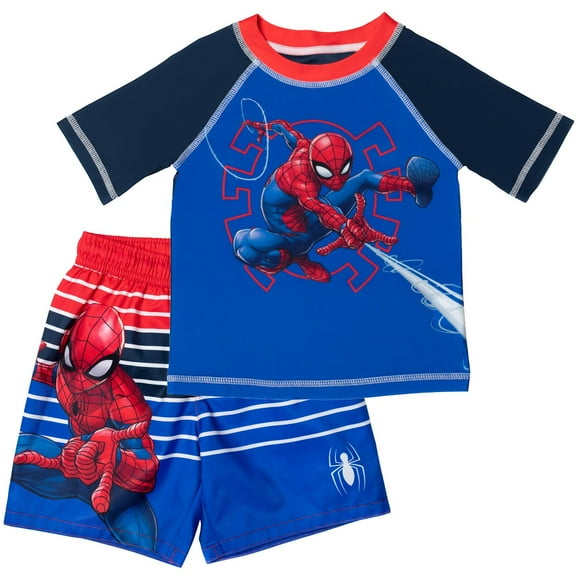 Marvel Spider-Man Toddler Boys Cosplay Pullover Rash Guard and Swim Trunks Outfit Set Spider-Man Blue 4T