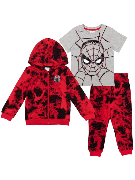 French Terry Zip Up Hoodie T-Shirt and Jogger Spiderman Print Set (Big Boys)