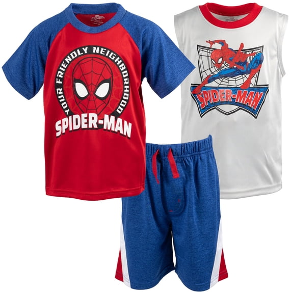 Marvel Spider-Man Toddler Boys T-Shirt Tank Top and Shorts 3 Piece Outfit Set Toddler to Big Kid