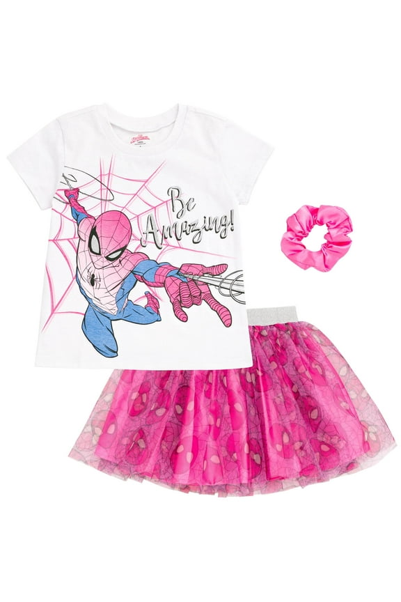 Spider-Man Toddler Girls T-Shirt Tulle Mesh Skirt and Scrunchie 3 Piece Outfit Set White / Pink 3T