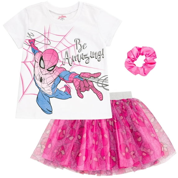 Marvel Spider-Man Toddler Girls T-Shirt Tulle Mesh Skirt and Scrunchie 3 Piece Outfit Set White / Pink 3T