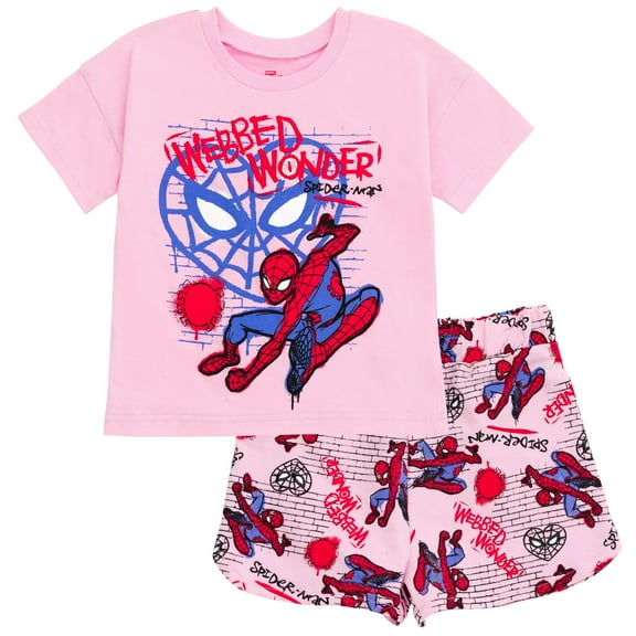 Marvel Spider-Man Toddler Girls T-Shirt and French Terry Dolphin Shorts Outfit Set Toddler to Big Kid