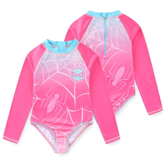 Marvel Spider-Man UPF 50+ One Piece Swimsuit Long Sleeve Rash Guard Bathing Suit (Girls), Sizes 4-7