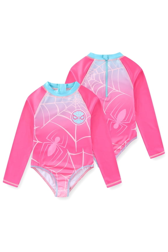 Spider-Man UPF 50+ One Piece Swimsuit Long Sleeve Rash Guard Bathing Suit (Girls), Sizes 4-7