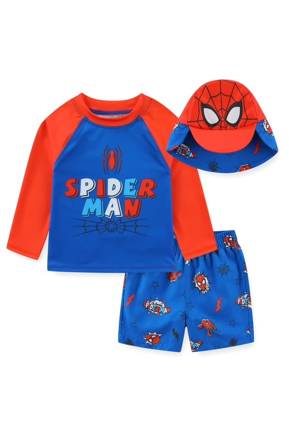 Spider-Man UPF 50+ Rash Guard Swim Trunks and Sun Hat with Ears Bathing Suit Set (Baby Boys), 3 Piece Set, Sizes 3M-24M