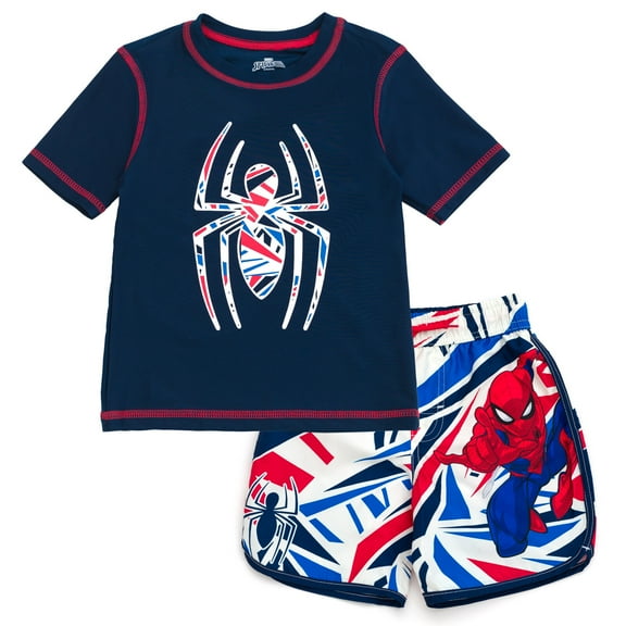 Marvel Spider-Man UPF 50  Rash Guard and Swim Trunks Outfit Set Logo Toddler to Little Kid