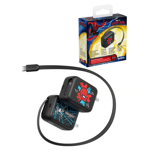 Marvel Spider-Man UltraCharge Wall GaN Charger 67W w/ 3.3ft Retractable USB C Cable and USB C Port - iPhone Charger Fast Charging for iPhone 17 and 16 Series, Galaxy S25 Series, AirPods