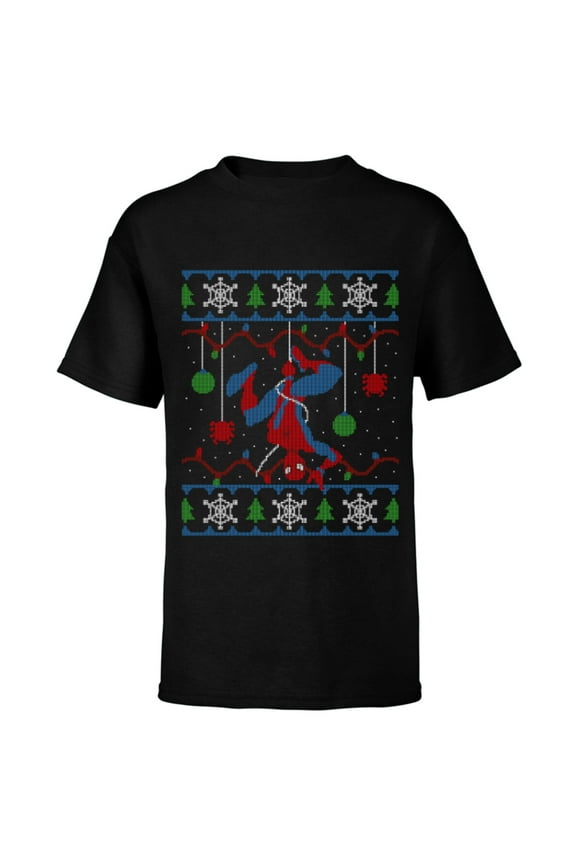 Spider-Man Upside Down Ugly Christmas Sweater - Short Sleeve T-Shirt for Kids - Customized-Black