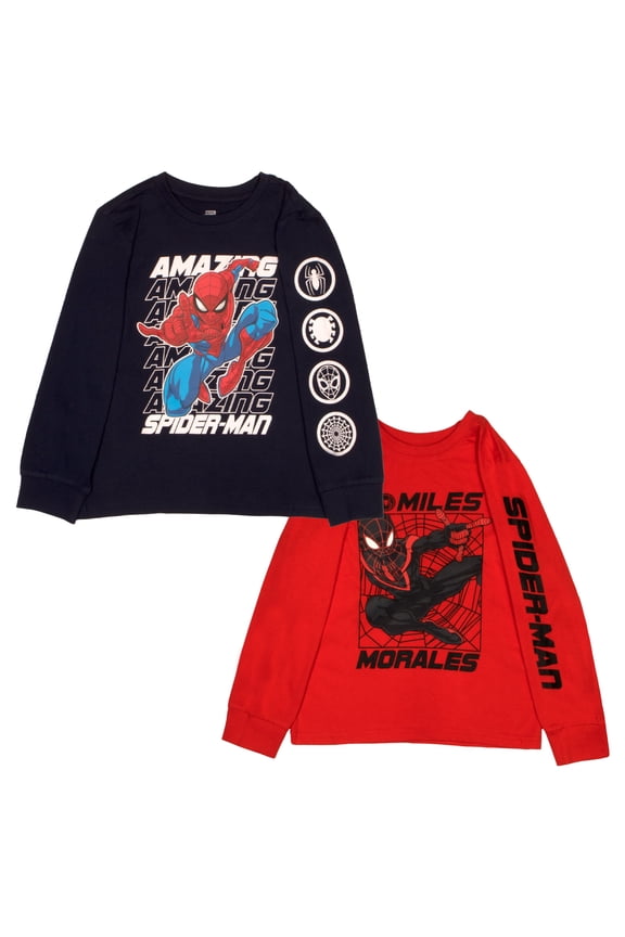 Spider-Man and Avengers Long Sleeve T-Shirt 2-Pack for Boys, Spiderman and Avengers Boys Long Sleeve Tees Bundle Set (Size 4-16)