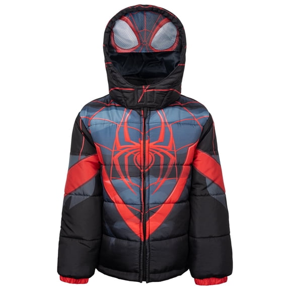 Marvel Spider-Verse Big Boys' Hooded Zip-Up Puffer Jacket Miles Black Red