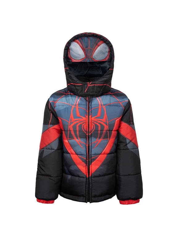 Spider-Verse Big Boys' Hooded Zip-Up Puffer Jacket Miles Black Red