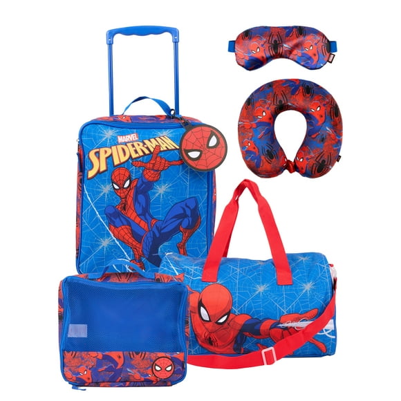 Marvel Spiderman 7-Piece Kids Luggage Set, 14” Softside Rolling Suitcase with Backpack & Travel Accessories, Blue