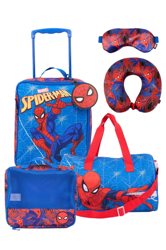 Marvel Spiderman 7-Piece Kids Luggage Set, 14” Softside Rolling Suitcase with Backpack & Travel Accessories, Blue