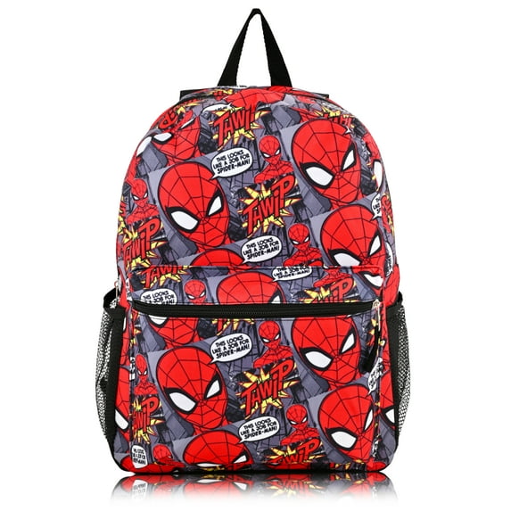 Marvel Spiderman Backpack for School - 16" Small Kids Bookbag for Boys, Girls, Toddlers (Red All Over Thwip Spiderman Print)