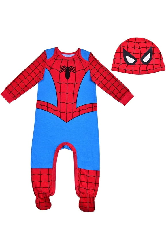 Spiderman Bodysuit and Hat, Footed Jumpsuit, Baby Clothes Sleepwear Set