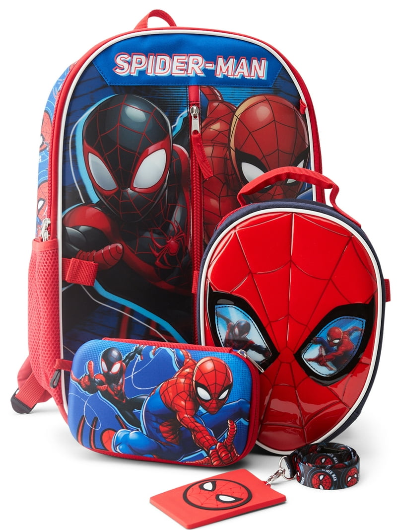 Marvel Spiderman Boy's 4-Piece Backpack with Lunch Bag Set, Red