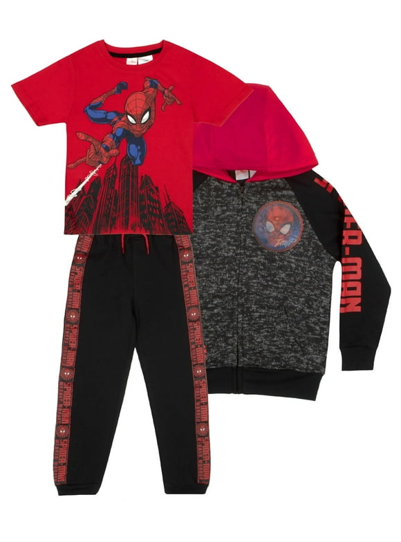 Marvel Spiderman Boys 3 Piece Fleece Pants Set, Spider-Man Zip-Up Hoodie, T-Shirt, and Pants 3-Pack Bundle Set (Size 4-16)