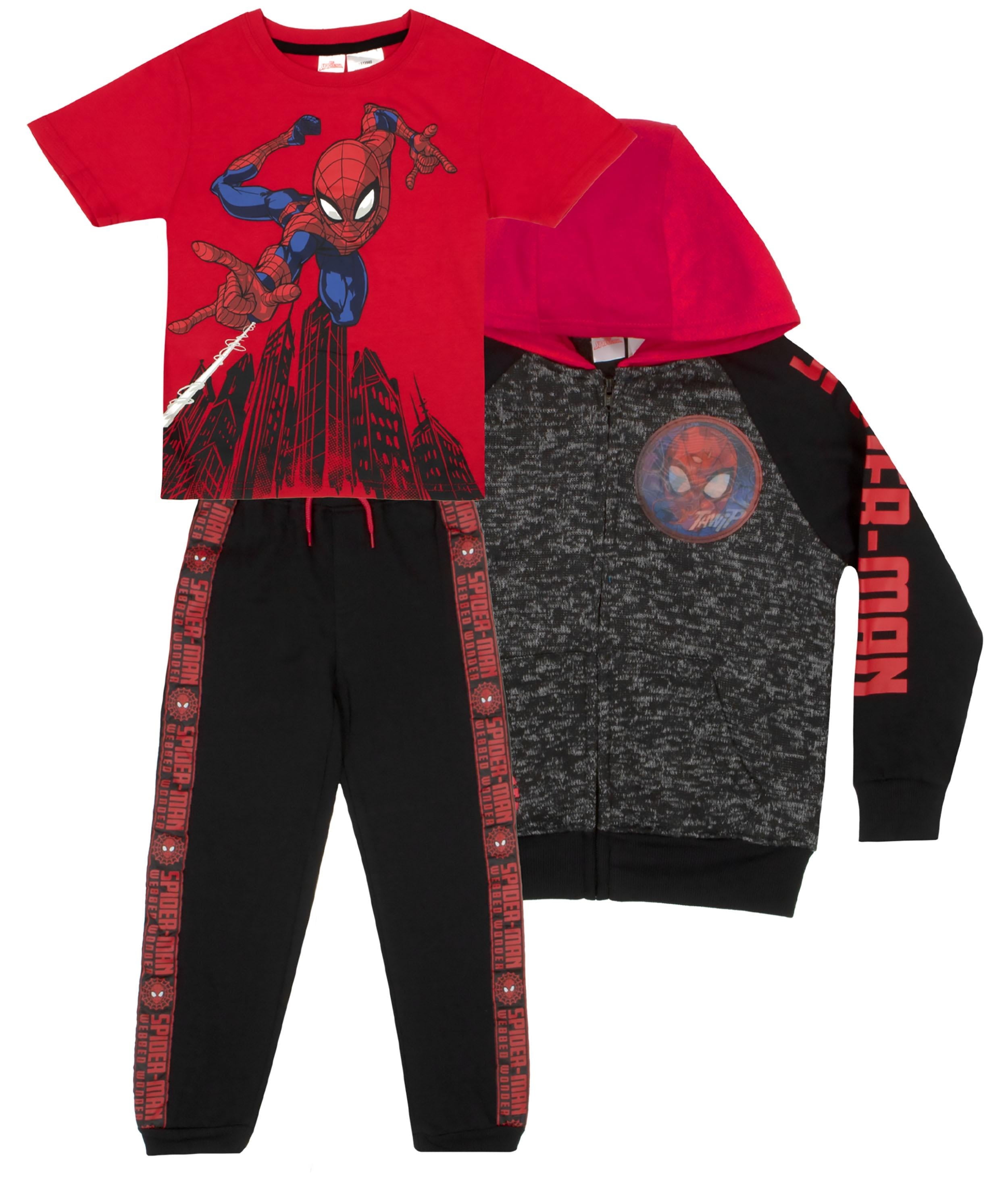 Marvel Spiderman Boys 3 Piece Fleece Pants Set, Spider-Man Zip-Up Hoodie, T-Shirt, and Pants 3-Pack Bundle Set (Size 4-16)