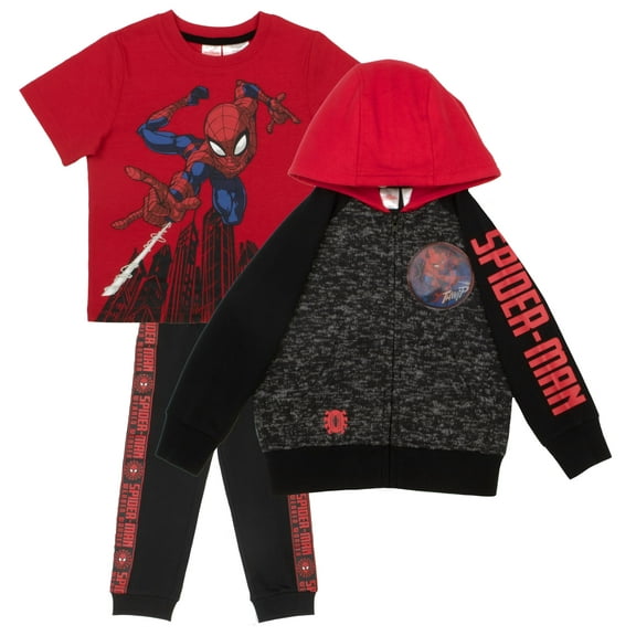Marvel Spiderman Boys 3 Piece Fleece Pants Set, Spider-Man Zip-Up Hoodie, T-Shirt, and Pants 3-Pack Bundle Set (Sizes 4-16)