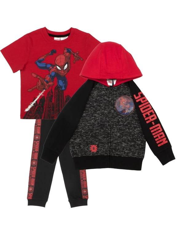 Spiderman Boys 3 Piece Fleece Pants Set, Spider-Man Zip-Up Hoodie, T-Shirt, and Pants 3-Pack Bundle Set (Sizes 4-16)