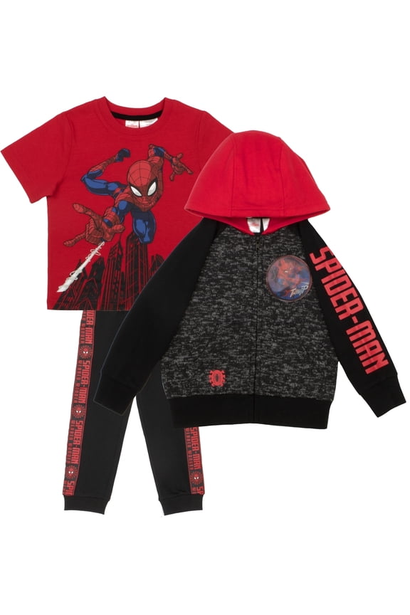 Spiderman Boys 3 Piece Fleece Pants Set, Spider-Man Zip-Up Hoodie, T-Shirt, and Pants 3-Pack Bundle Set (Sizes 4-16)