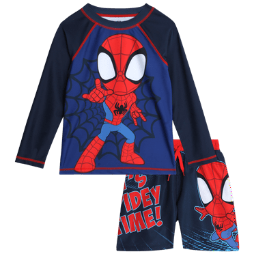 Marvel Spiderman Boys’ Rash Guard Set – Spider-Man Kids’ UPF 50  Swim Shirt and Trunks for Boys (3T-12)