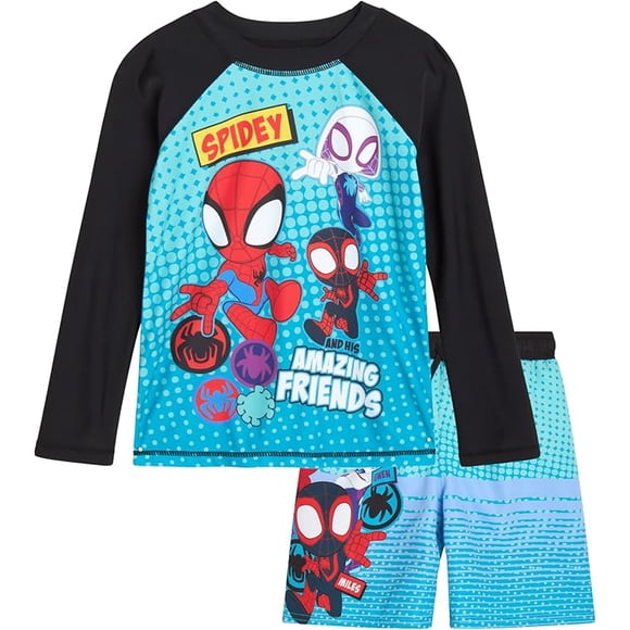 Marvel Spiderman Boys’ Rash Guard Set – Spider-Man Kids’ UPF 50+ Swim Shirt and Trunks for Boys (3T-12)