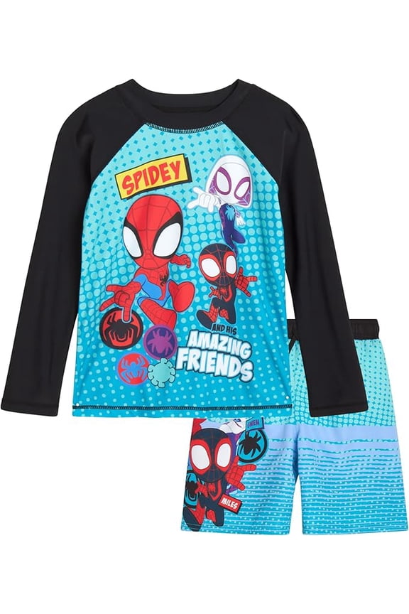 Spiderman Boys’ Rash Guard Set – Spider-Man Kids’ UPF 50+ Swim Shirt and Trunks for Boys (3T-12)