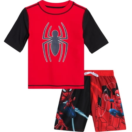 Marvel Spiderman Boys Rash Guard Set - 2 Piece UPF50+ Quick Dry Swim Shirt & Swim Trunks for Boys