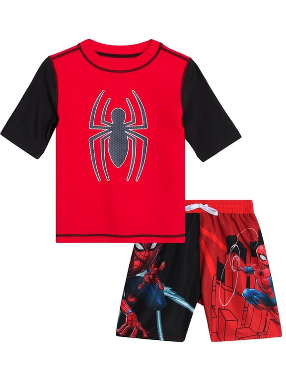 Spiderman Boys Rash Guard Set - 2 Piece UPF50+ Quick Dry Swim Shirt & Swim Trunks for Boys