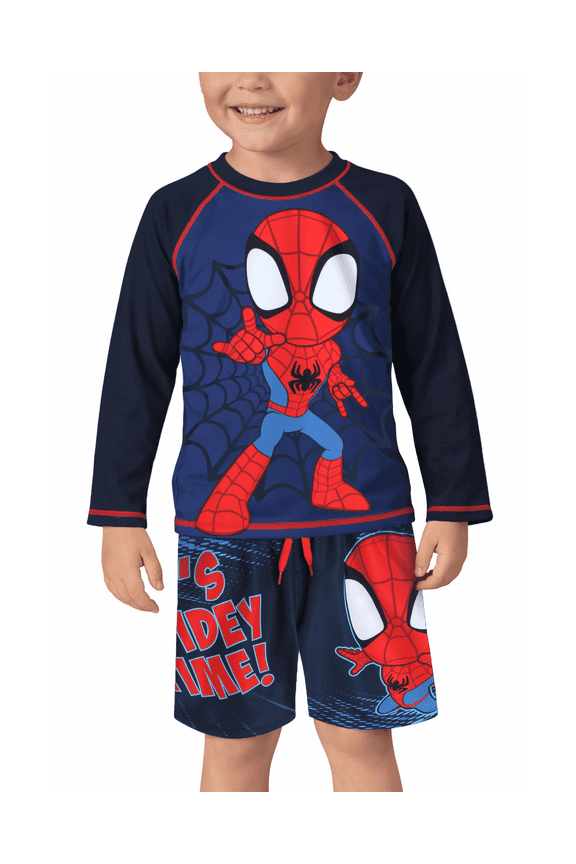 Spider-Man Boys Rash Guard Set - 2 Piece UPF50+ Quick Dry Swim Shirt & Swim Trunks for Boys (3T-12)