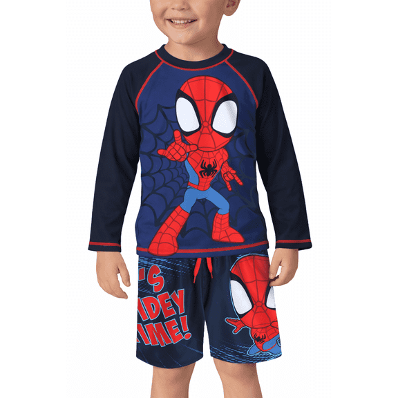 Marvel Spiderman Boys’ Rash Guard Set – Spider-Man Kids’ UPF 50 Swim Shirt and Trunks for Boys (3T-12)