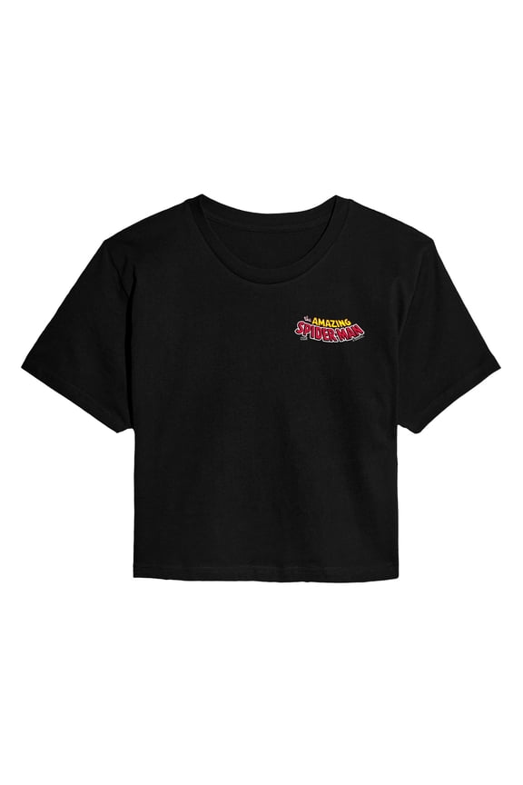- Spiderman Editorial Logo - Juniors Cropped Short Sleeve Graphic T-Shirt