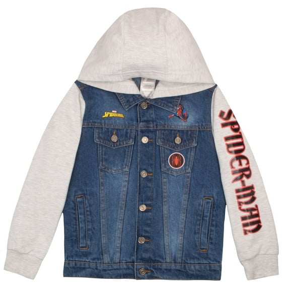 Marvel Spiderman Jean Jacket with Hoodie Spider-Man Denim Jacket for Little and Big Kid Boys Fashion Jacket (Size 4-16)