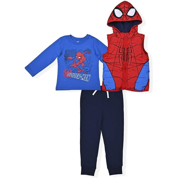 Marvel Spiderman Jogger Set for Boys, Hooded Vest, Long Sleeve Tee and Jog Pants for Kids