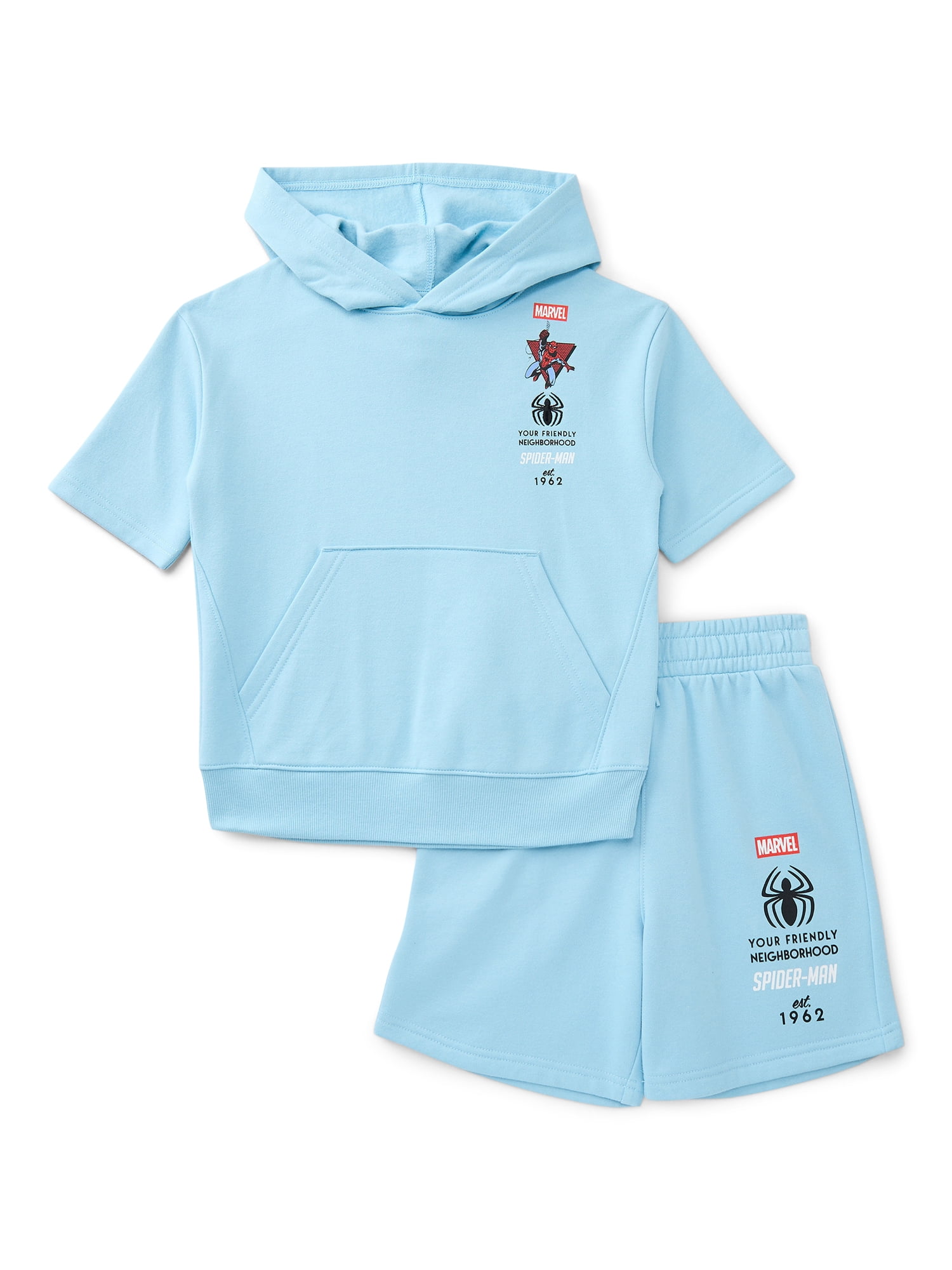Marvel Spiderman Little Boys and Big Boys Short Sleeve Hoodie & Shorts 2pc Set, Sizes 4-16