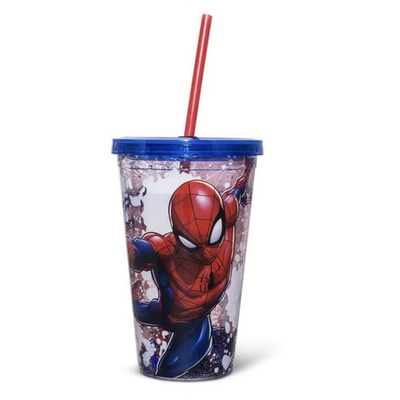 Marvel Spiderman Snow Globe 14 Oz Plastic Tumbler W/Straw