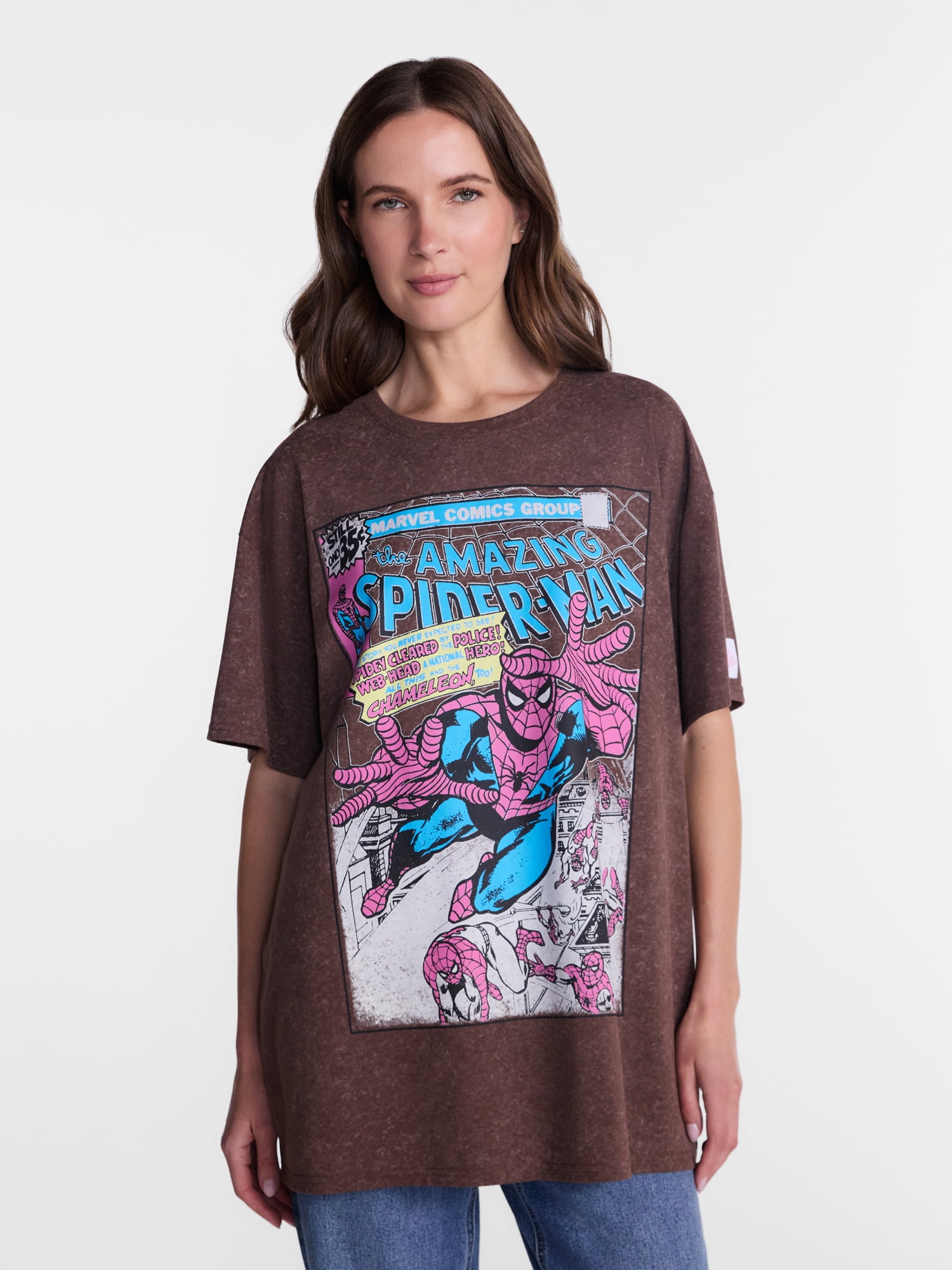 Marvel Spider-Man Women's Washed Oversized Graphic Tee with Short Sleeves, Sizes XXS-XXL