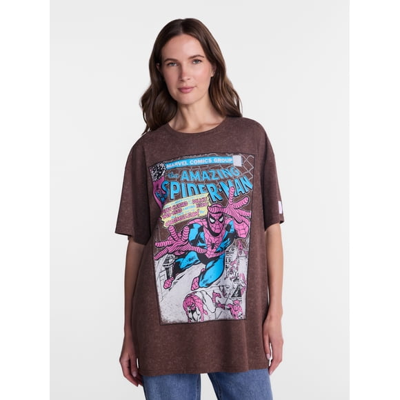 Marvel Spider-Man Women's Washed Oversized Graphic Tee with Short Sleeves, Sizes XXS-XXL